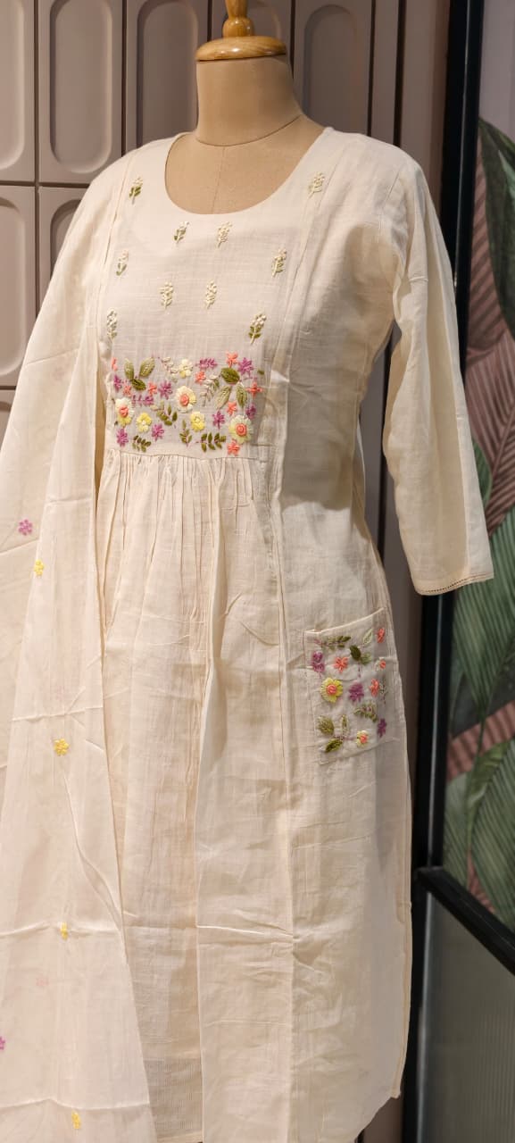 Ivory Floral Embroidered A-Line Full Suit Set With Dupatta In Kora Cotton Fabric- 14688