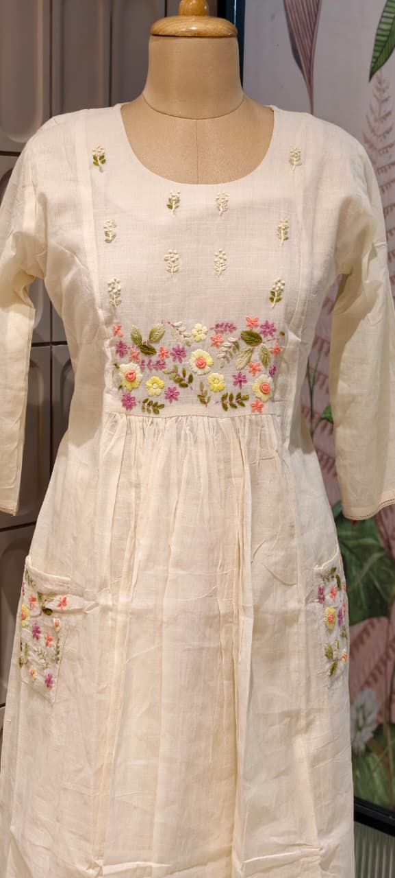 Ivory Floral Embroidered A-Line Full Suit Set With Dupatta In Kora Cotton Fabric- 14688