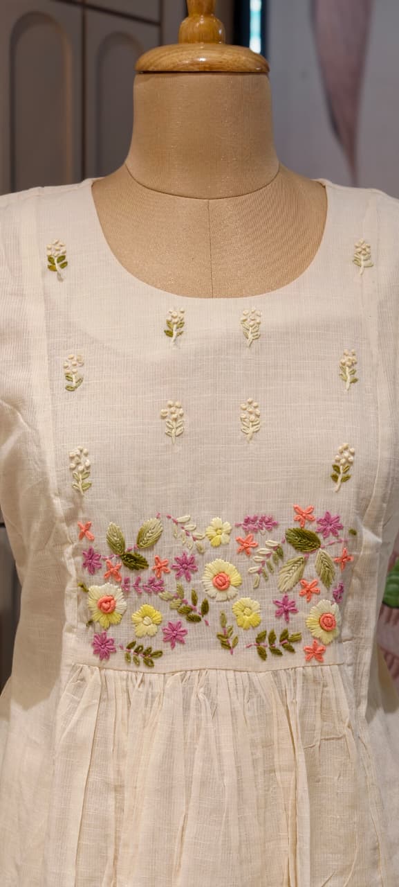 Ivory Floral Embroidered A-Line Full Suit Set With Dupatta In Kora Cotton Fabric- 14688