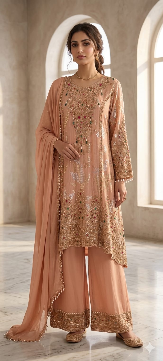 Heavy Elegant Hand Embroidery Sequin Work Pastel Shade Party Wear Palazzo Full Suit Seteq