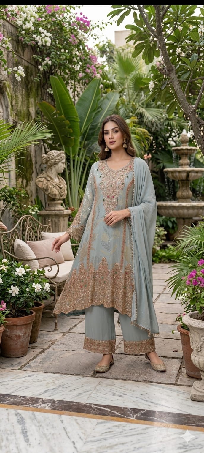 Heavy Elegant Hand Embroidery Sequin Work Pastel Shade Party Wear Palazzo Full Suit Seteq