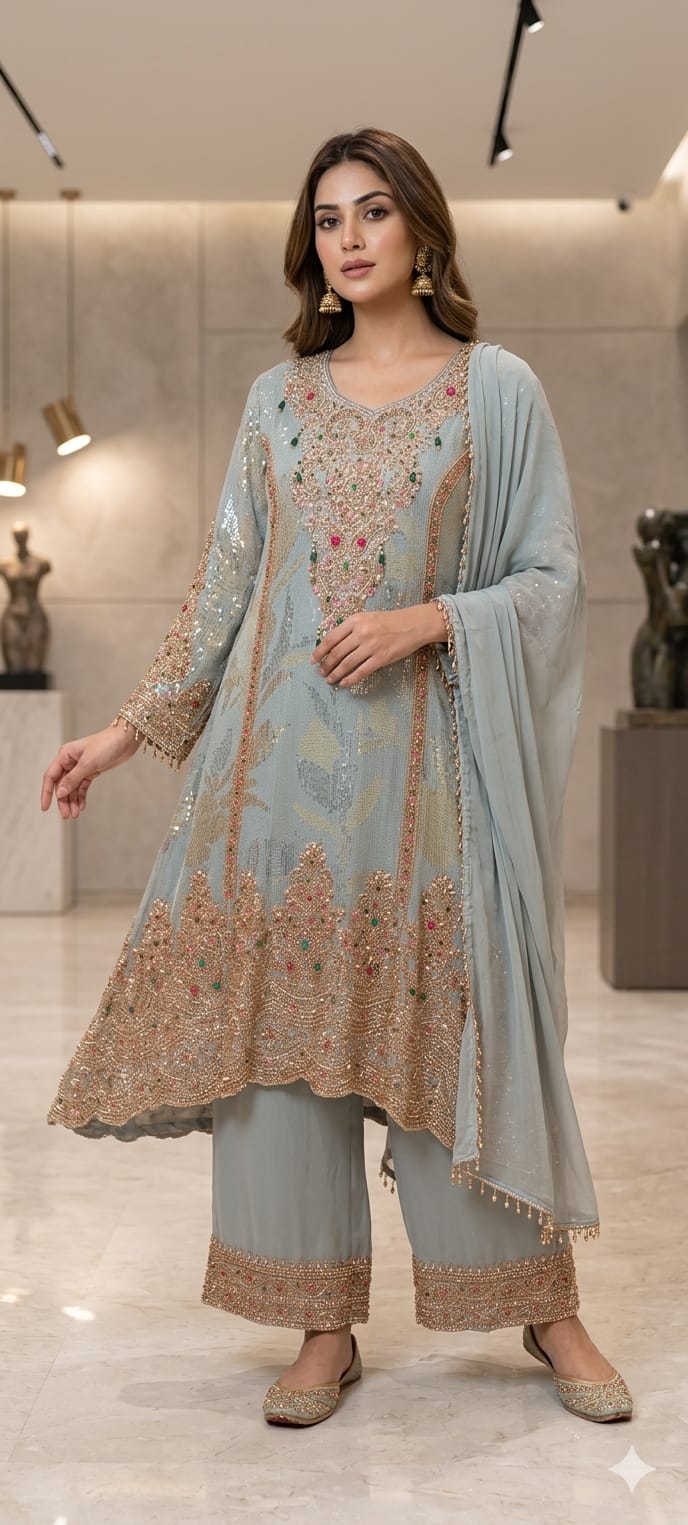Heavy Elegant Hand Embroidery Sequin Work Pastel Shade Party Wear Palazzo Full Suit Seteq