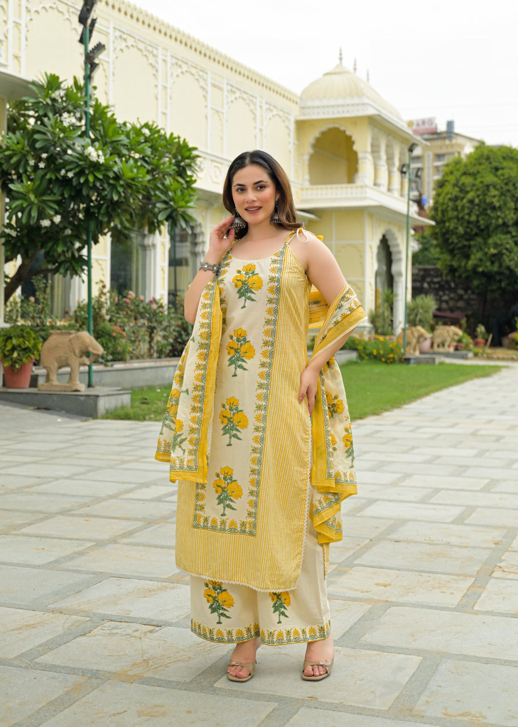 Strappy Kodi Tassel Sleeveless Printed Cotton Full Suit Set With Dupatta- 14794
