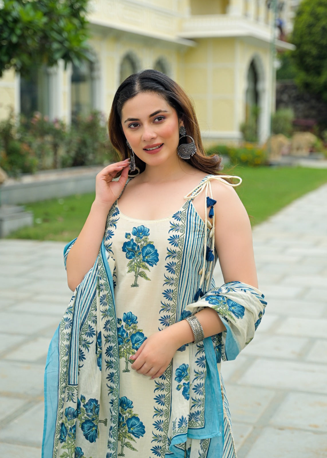 Strappy Kodi Tassel Sleeveless Printed Cotton Full Suit Set With Dupatta- 14794