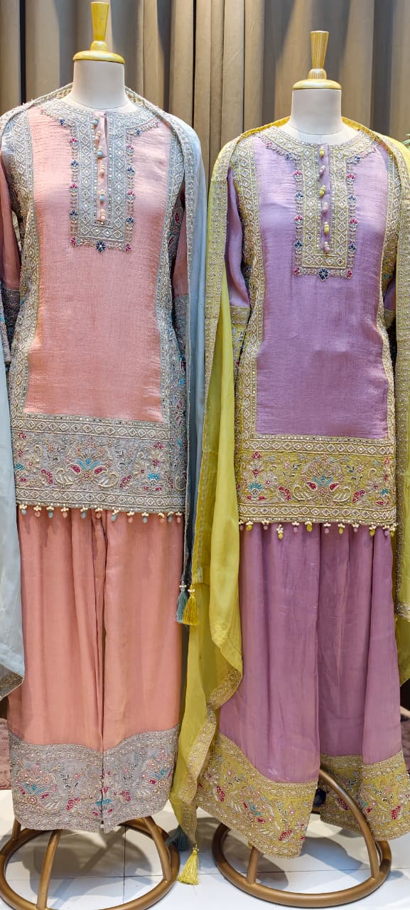 Chevron Dual Shade Pastel Hand Embroidery Work Tassel Accent Heavy Party Wear-14286