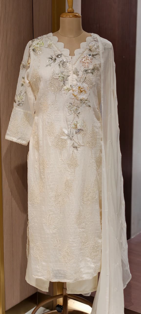 Ivory Pearl Scalloped Chikankari Premium Mul Chanderi Full Suit Set with 3D Floral Hand Embroidery- 14830 RB455