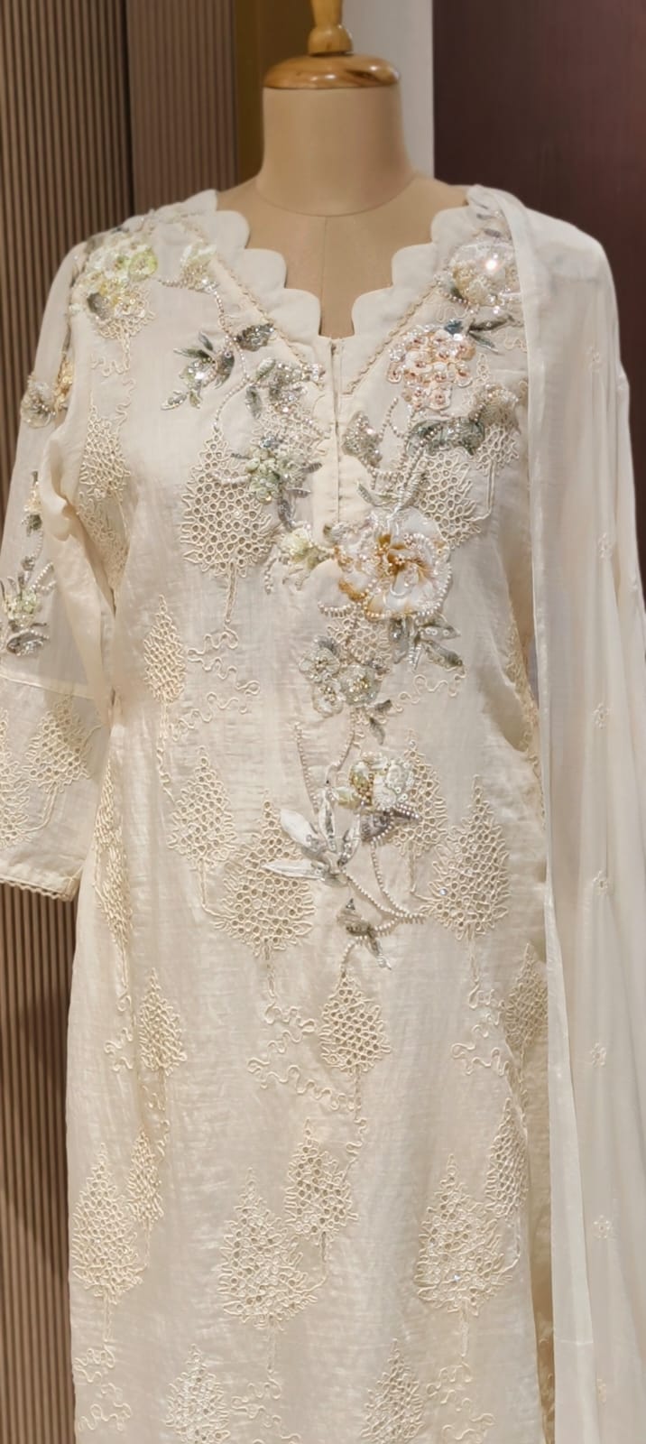 Ivory Pearl Scalloped Chikankari Premium Mul Chanderi Full Suit Set with 3D Floral Hand Embroidery- 14830 RB455