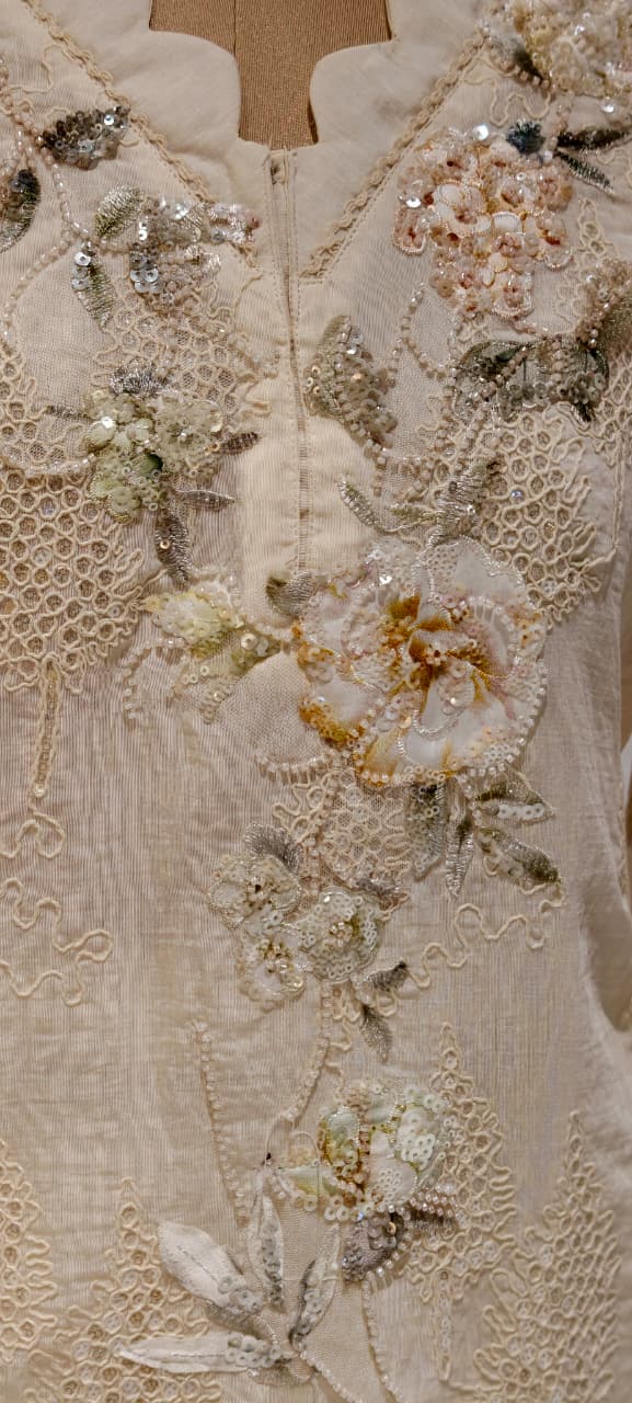 Ivory Pearl Scalloped Chikankari Premium Mul Chanderi Full Suit Set with 3D Floral Hand Embroidery- 14830 RB455