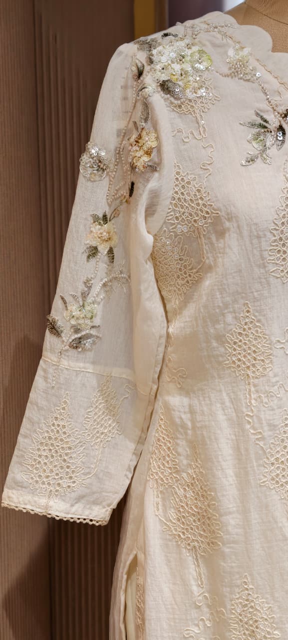 Ivory Pearl Scalloped Chikankari Premium Mul Chanderi Full Suit Set with 3D Floral Hand Embroidery- 14830 RB455