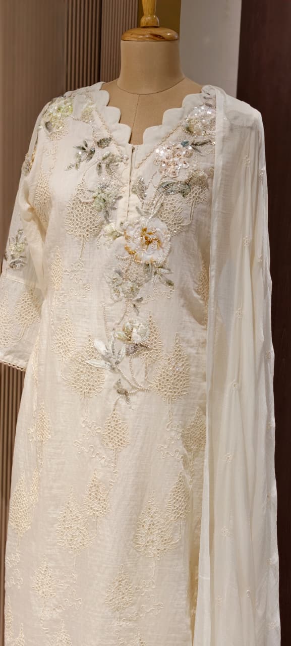 Ivory Pearl Scalloped Chikankari Premium Mul Chanderi Full Suit Set with 3D Floral Hand Embroidery- 14830 RB455