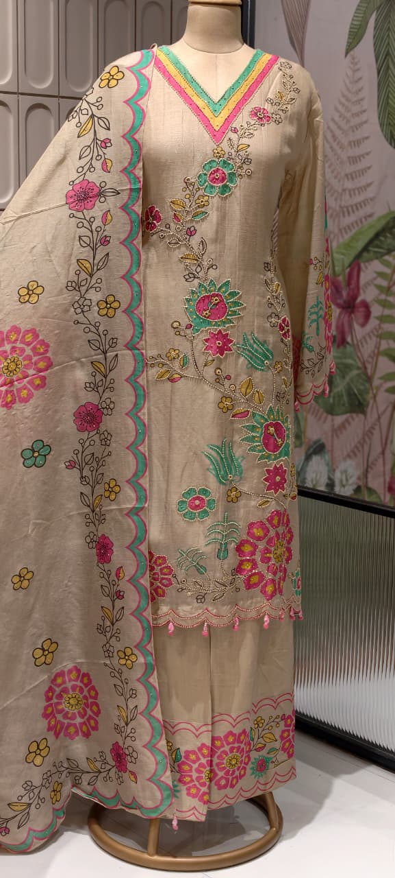 Multicolor Print Tiny Pearl Highlights Artisnal Tissue A-Line Full Suit Set With Dupatta- 14292
