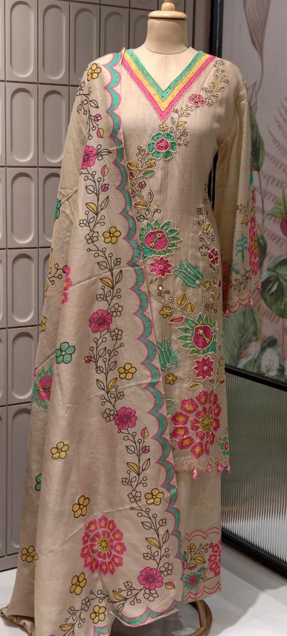 Multicolor Print Tiny Pearl Highlights Artisnal Tissue A-Line Full Suit Set With Dupatta- 14292