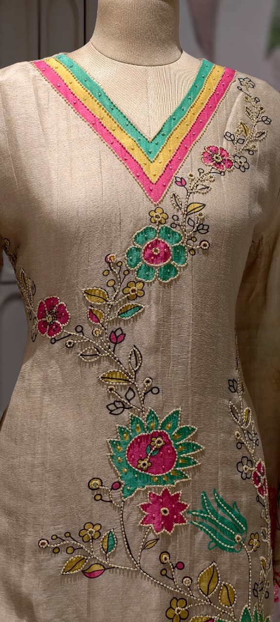 Multicolor Print Tiny Pearl Highlights Artisnal Tissue A-Line Full Suit Set With Dupatta- 14292