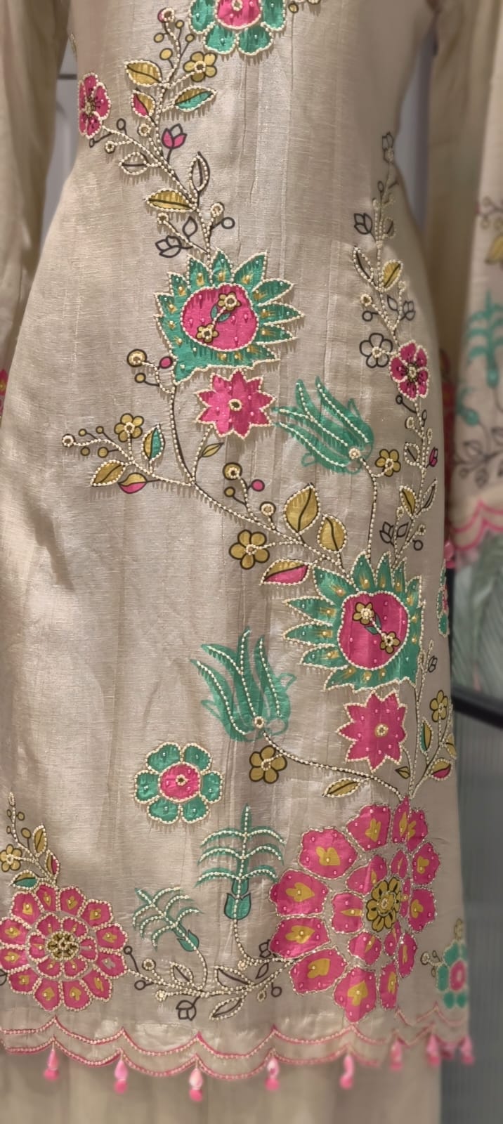 Multicolor Print Tiny Pearl Highlights Artisnal Tissue A-Line Full Suit Set With Dupatta- 14292
