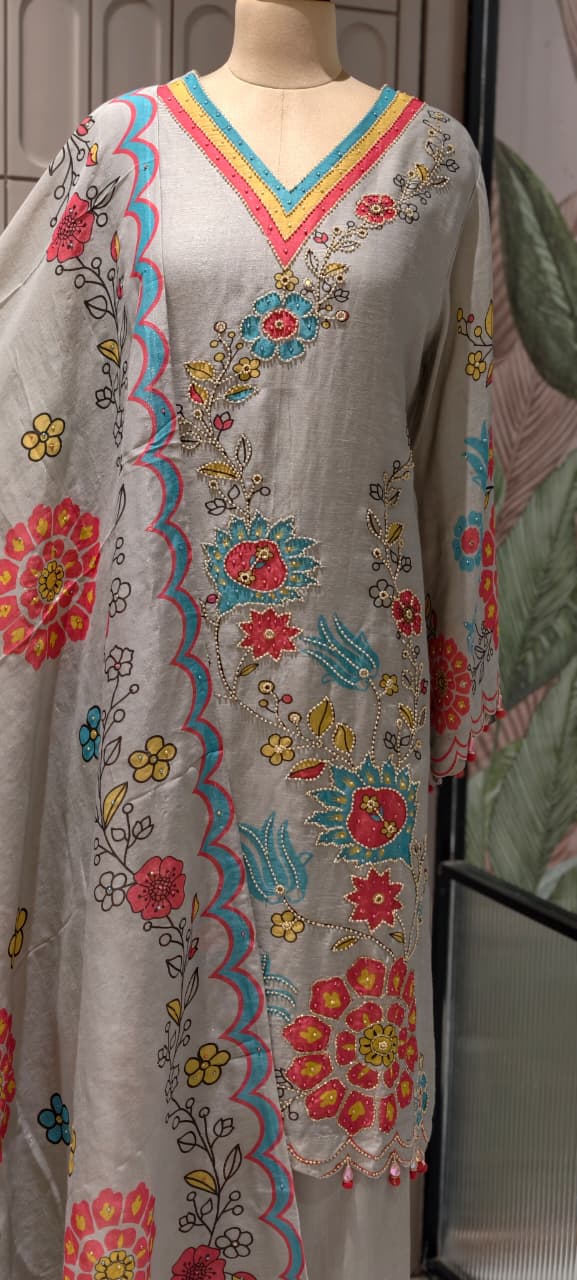 Multicolor Print Tiny Pearl Highlights Artisnal Tissue A-Line Full Suit Set With Dupatta- 14292
