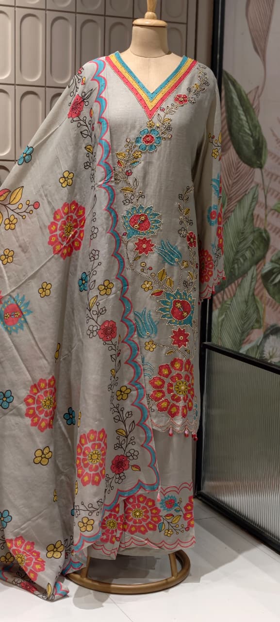 Multicolor Print Tiny Pearl Highlights Artisnal Tissue A-Line Full Suit Set With Dupatta- 14292