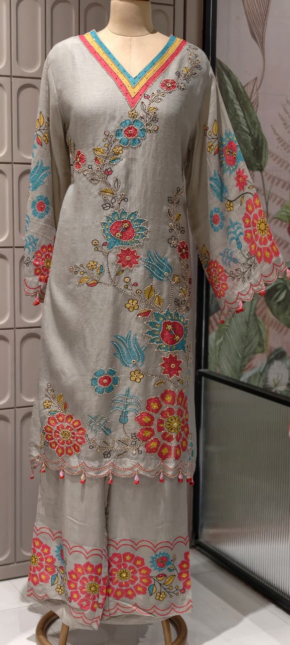 Multicolor Print Tiny Pearl Highlights Artisnal Tissue A-Line Full Suit Set With Dupatta- 14292