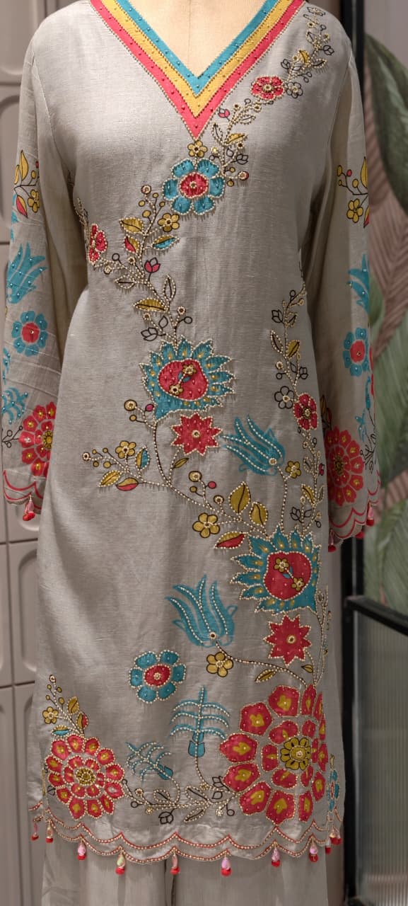 Multicolor Print Tiny Pearl Highlights Artisnal Tissue A-Line Full Suit Set With Dupatta- 14292