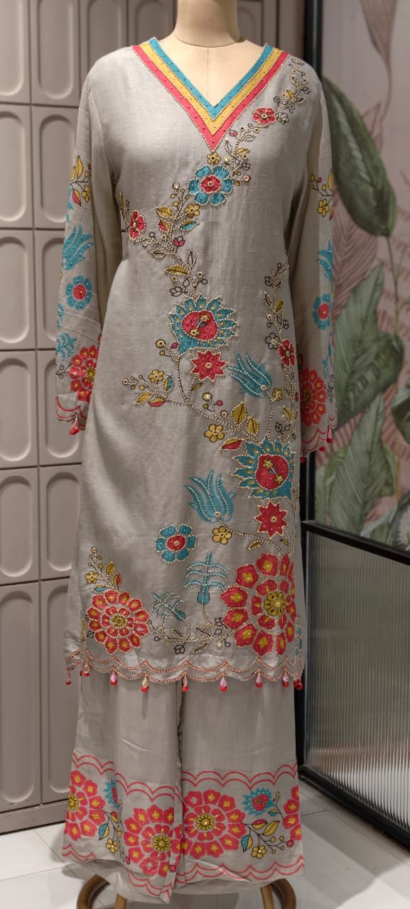 Multicolor Print Tiny Pearl Highlights Artisnal Tissue A-Line Full Suit Set With Dupatta- 14292