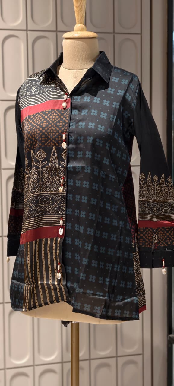 Heritage Block-Print Fusion Shirt In Jet Black, Gold & Crimson- 14837