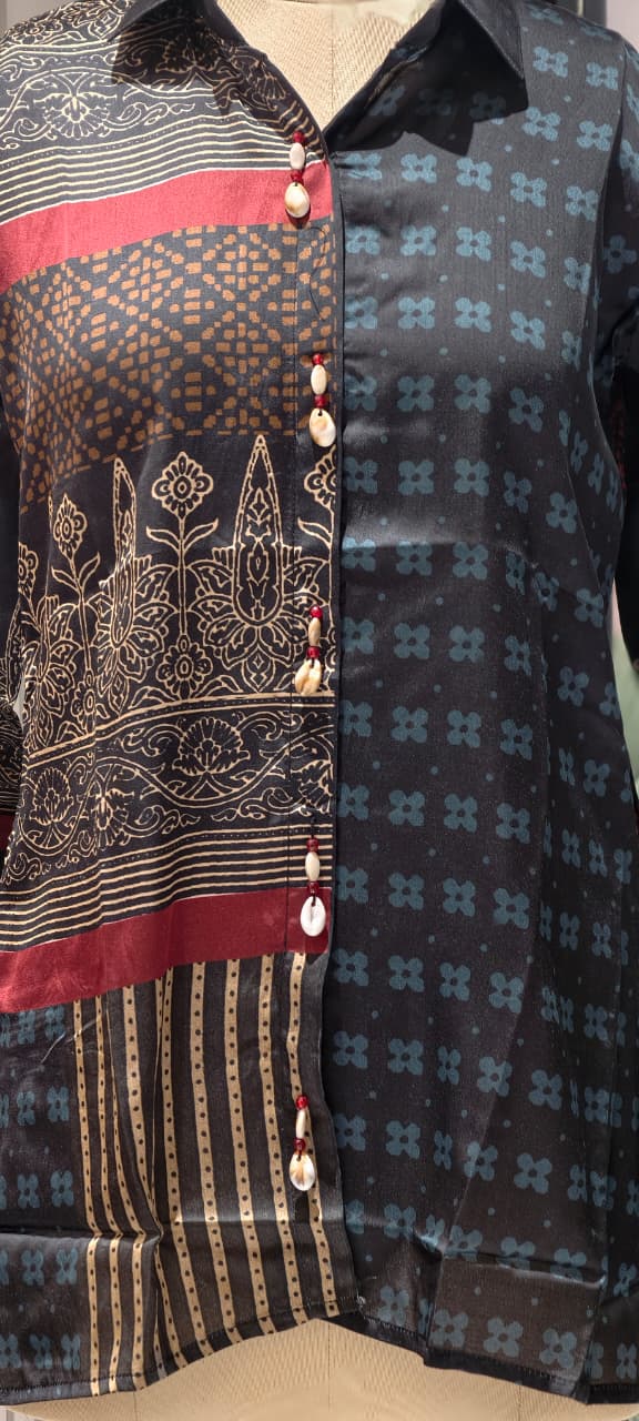 Heritage Block-Print Fusion Shirt In Jet Black, Gold & Crimson- 14837