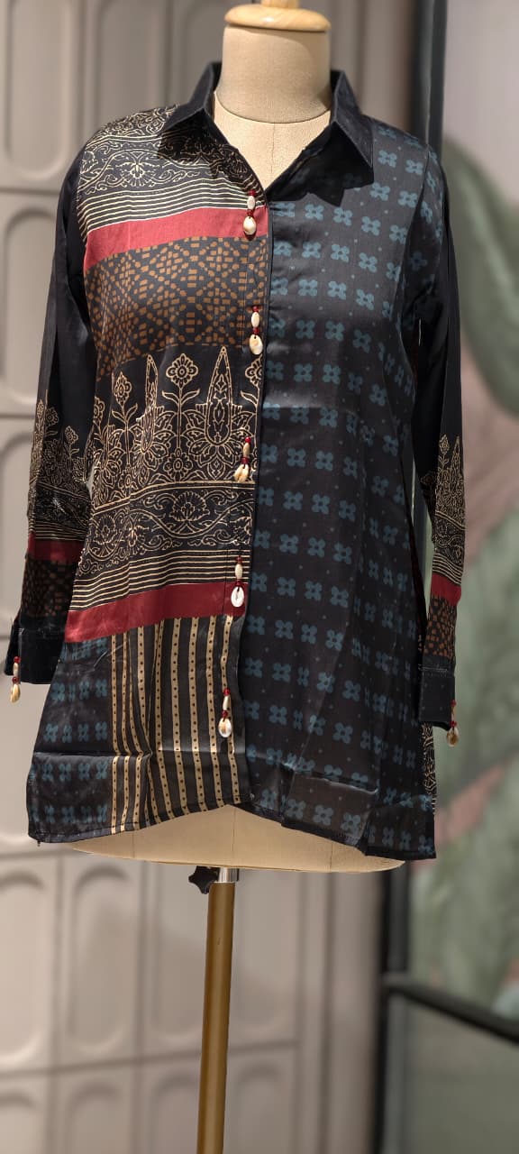 Heritage Block-Print Fusion Shirt In Jet Black, Gold & Crimson- 14837