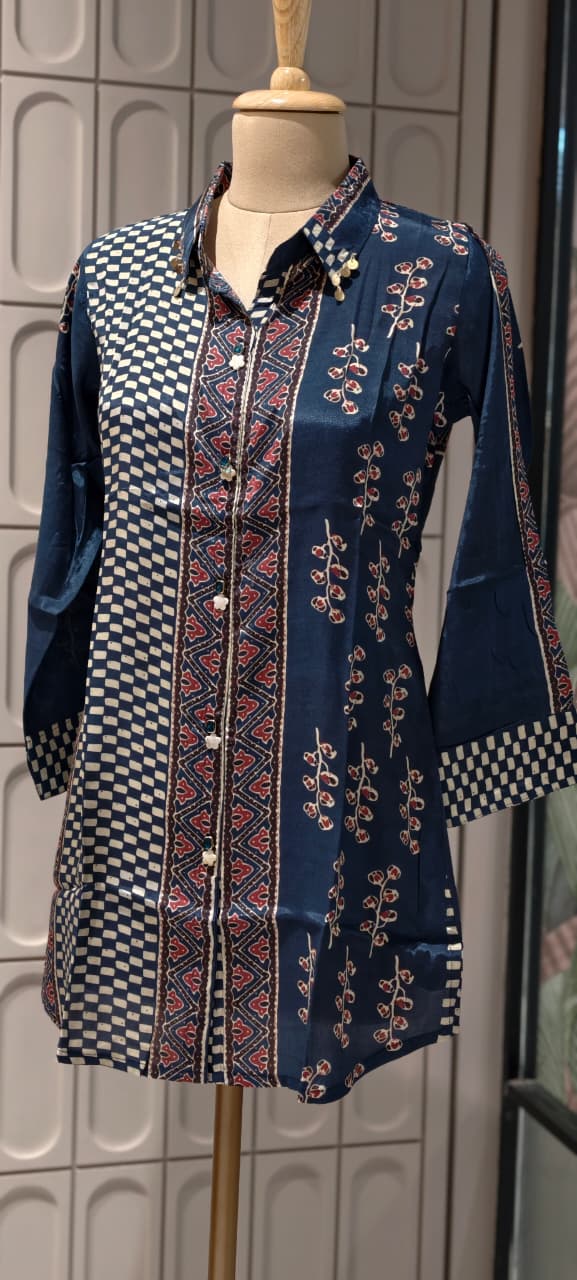 Ethnic Fusion Chevron and Checkerboard Shirt In Deep Navy Blue- 14839