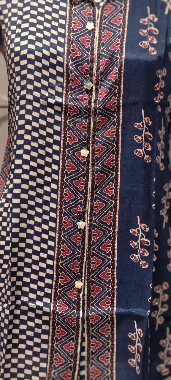 Ethnic Fusion Chevron and Checkerboard Shirt In Deep Navy Blue- 14839