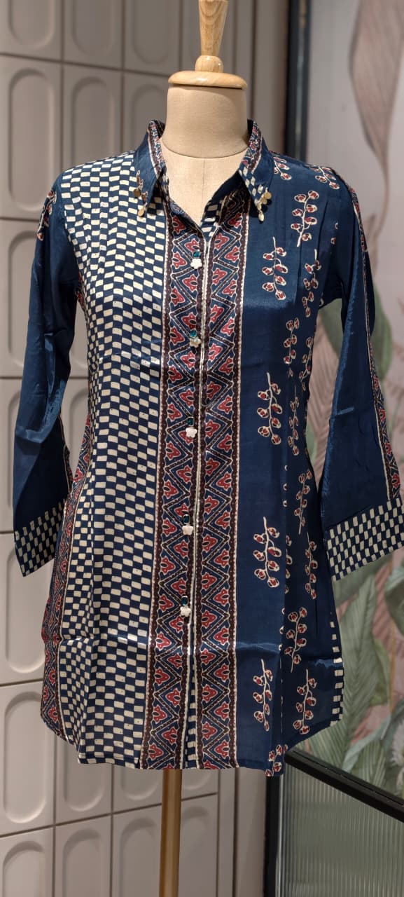 Ethnic Fusion Chevron and Checkerboard Shirt In Deep Navy Blue- 14839