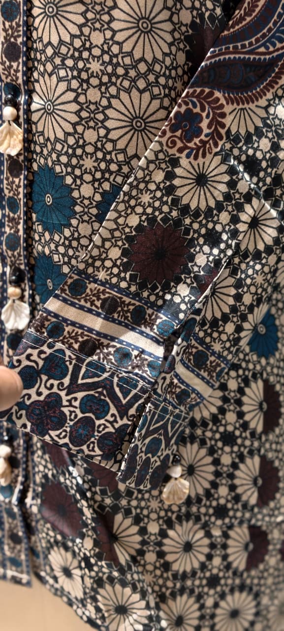 Abstract Gajji Silk-Blend Kaleidoscope Print Button-Down Shirt- 14837