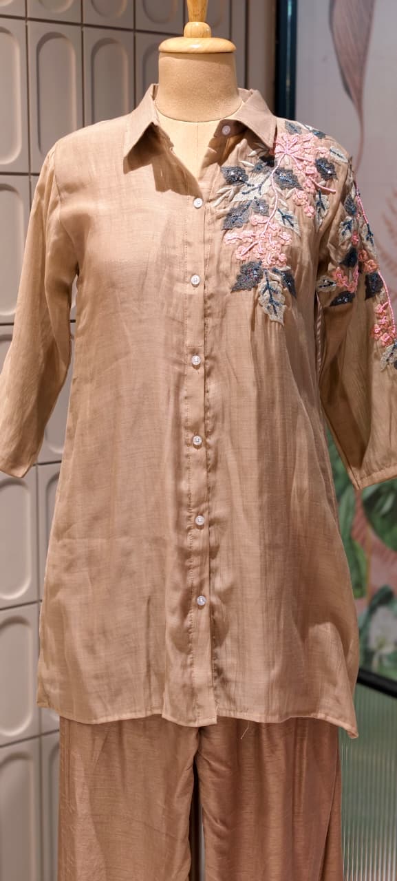 Floral Applique Featuring Handcrafted Patchwork Embroidered Banarasi Mul Chanderi Co-Ord Sets- 14859