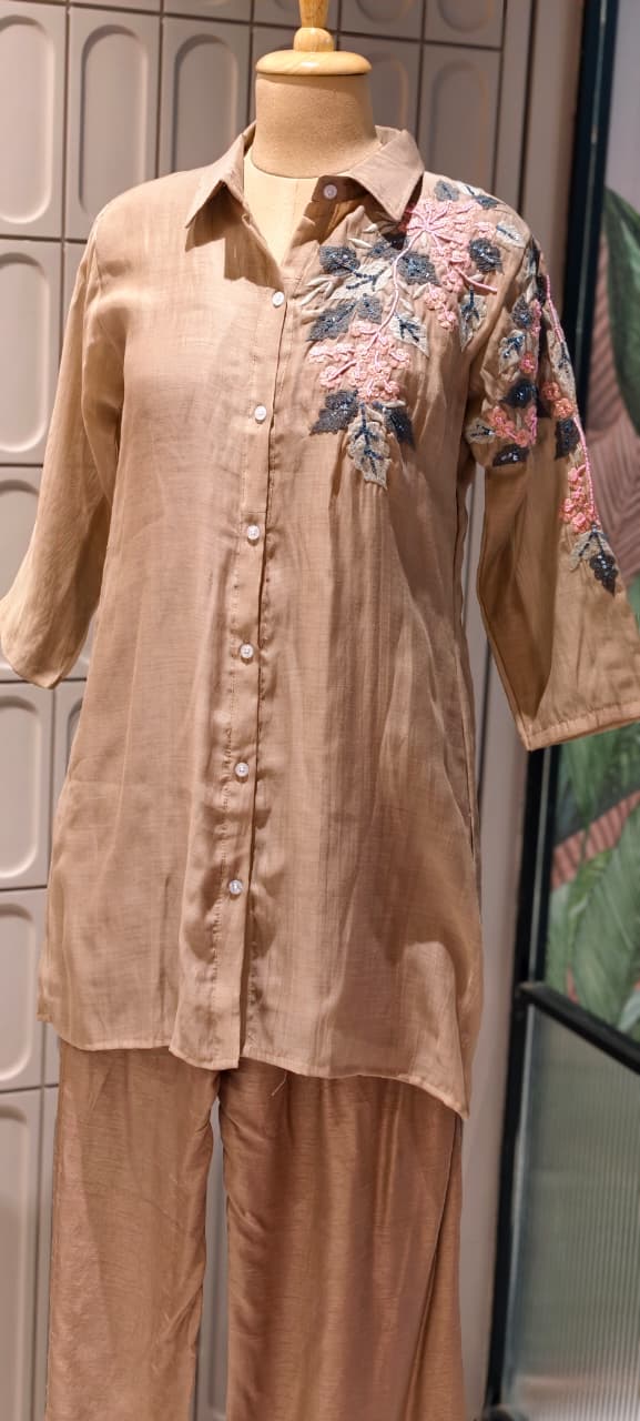 Floral Applique Featuring Handcrafted Patchwork Embroidered Banarasi Mul Chanderi Co-Ord Sets- 14859