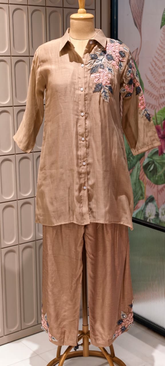 Floral Applique Featuring Handcrafted Patchwork Embroidered Banarasi Mul Chanderi Co-Ord Sets- 14859