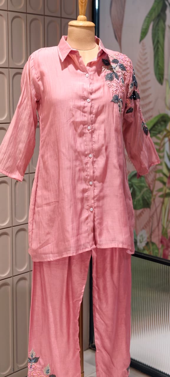 Floral Applique Featuring Handcrafted Patchwork Embroidered Banarasi Mul Chanderi Co-Ord Sets- 14859