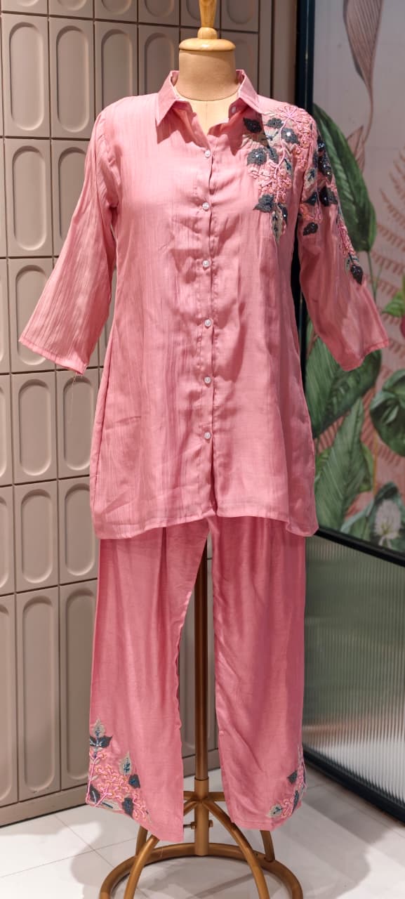 Floral Applique Featuring Handcrafted Patchwork Embroidered Banarasi Mul Chanderi Co-Ord Sets- 14859