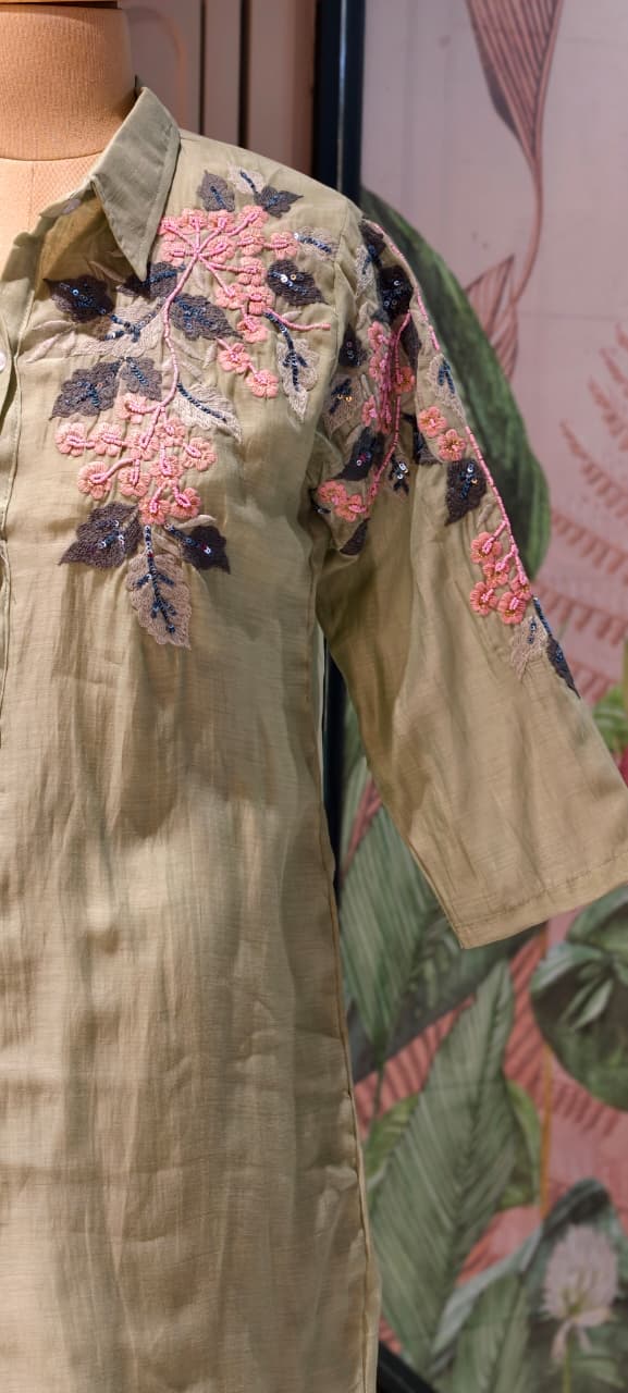 Floral Applique Featuring Handcrafted Patchwork Embroidered Banarasi Mul Chanderi Co-Ord Sets- 14859