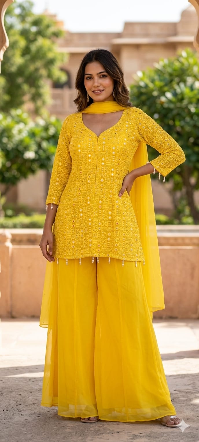 Premium Faux Georgette Royal Noor Chikankari Mirror-Work Slitted Peplum Kurta With Panel Palazzo Bottom & Dupatta Set -14844