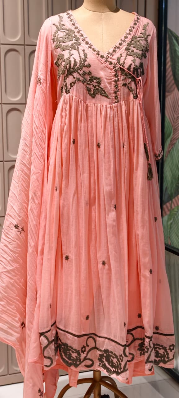 Cerulean Cross-Stitch Angrakha Tiered Pleated Flared Anarkali Full Suit Set- 14852