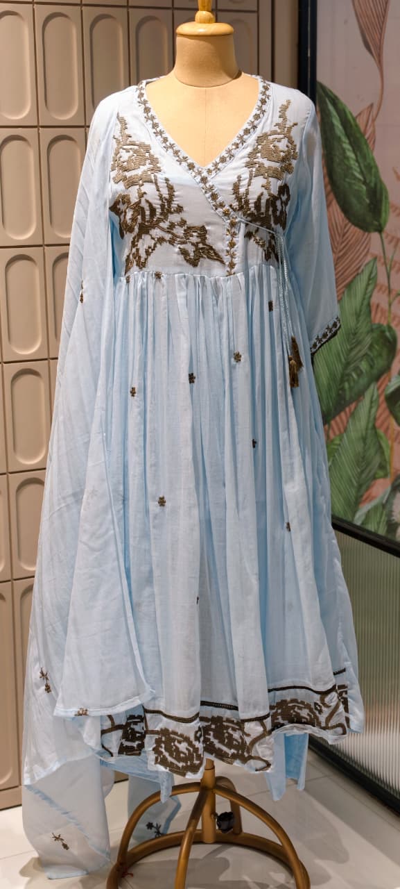 Cerulean Cross-Stitch Angrakha Tiered Pleated Flared Anarkali Full Suit Set- 14852