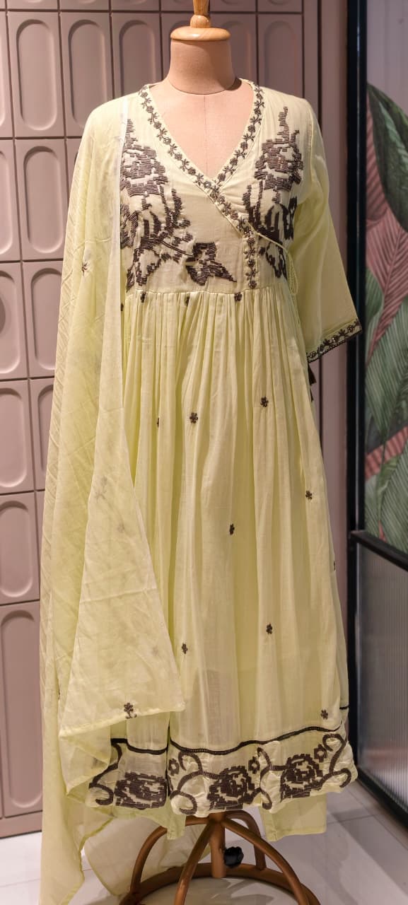 Cerulean Cross-Stitch Angrakha Tiered Pleated Flared Anarkali Full Suit Set- 14852