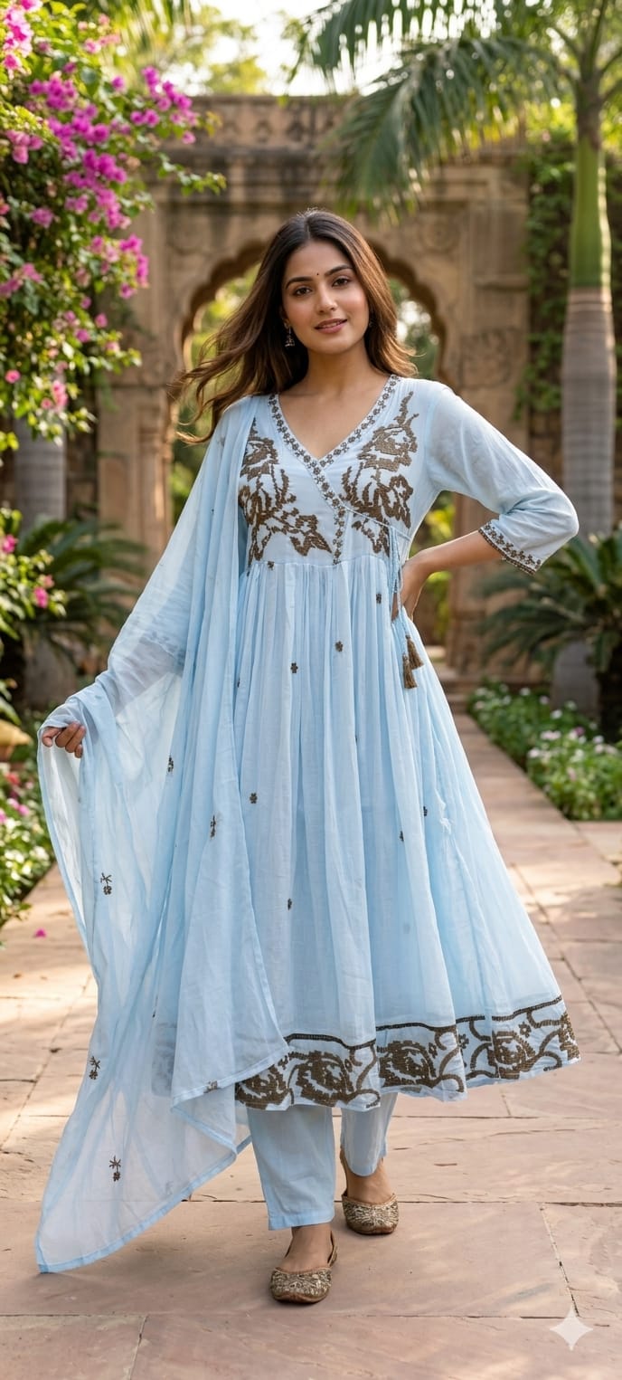 Cerulean Cross-Stitch Angrakha Tiered Pleated Flared Anarkali Full Suit Set- 14852