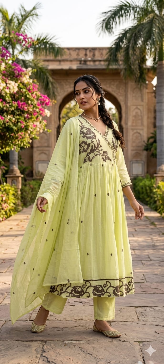 Cerulean Cross-Stitch Angrakha Tiered Pleated Flared Anarkali Full Suit Set- 14852