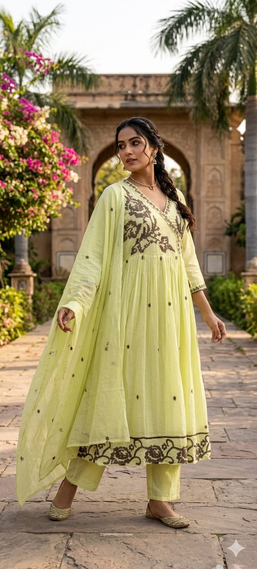 Cerulean Cross-Stitch Angrakha Tiered Pleated Flared Anarkali Full Suit Set- 14852