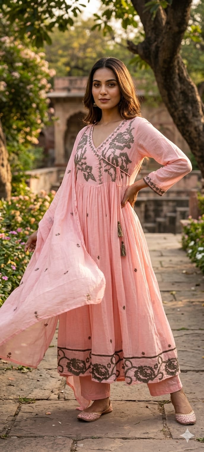 Cerulean Cross-Stitch Angrakha Tiered Pleated Flared Anarkali Full Suit Set- 14852