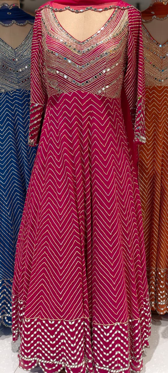 Majestic Premium Zari & Mirror Work Chevron Georgette Floor Length Anarkali Set with Dupatta- 14233