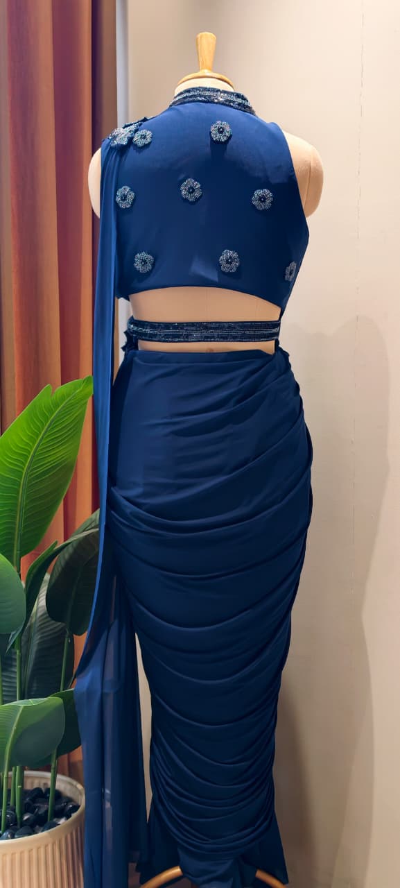 Midnight Sapphire Designer Draped Saree Gown with Hand Embellished Neckline & Statement Shoulder Detailing-14867-Dispatching After 30 Days