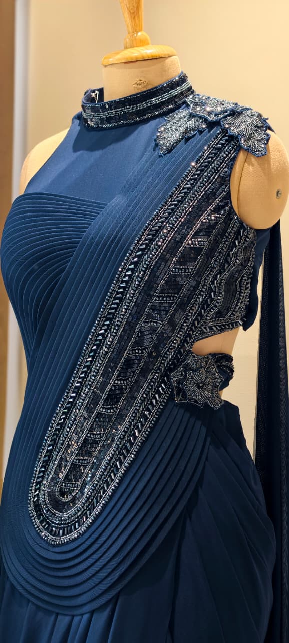 Midnight Sapphire Designer Draped Saree Gown with Hand Embellished Neckline & Statement Shoulder Detailing-14867-Dispatching After 30 Days