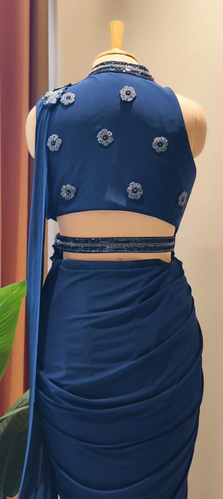 Midnight Sapphire Designer Draped Saree Gown with Hand Embellished Neckline & Statement Shoulder Detailing-14867-Dispatching After 30 Days