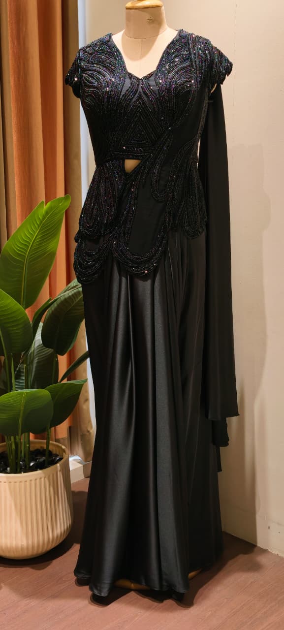 Midnight Noir Luxury Draped Saree Gown with Heavy Sequin & Bead Embellished Corset Blouse-14235-Dispatching after 30 Days