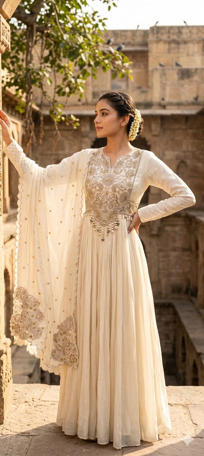 Georgette Pleated Anarkali Gown with Heavy Zardozi Hand-Embroidery, Pearl Tassel Detailing, and Scalloped Organza Dupatta Set- 14328
